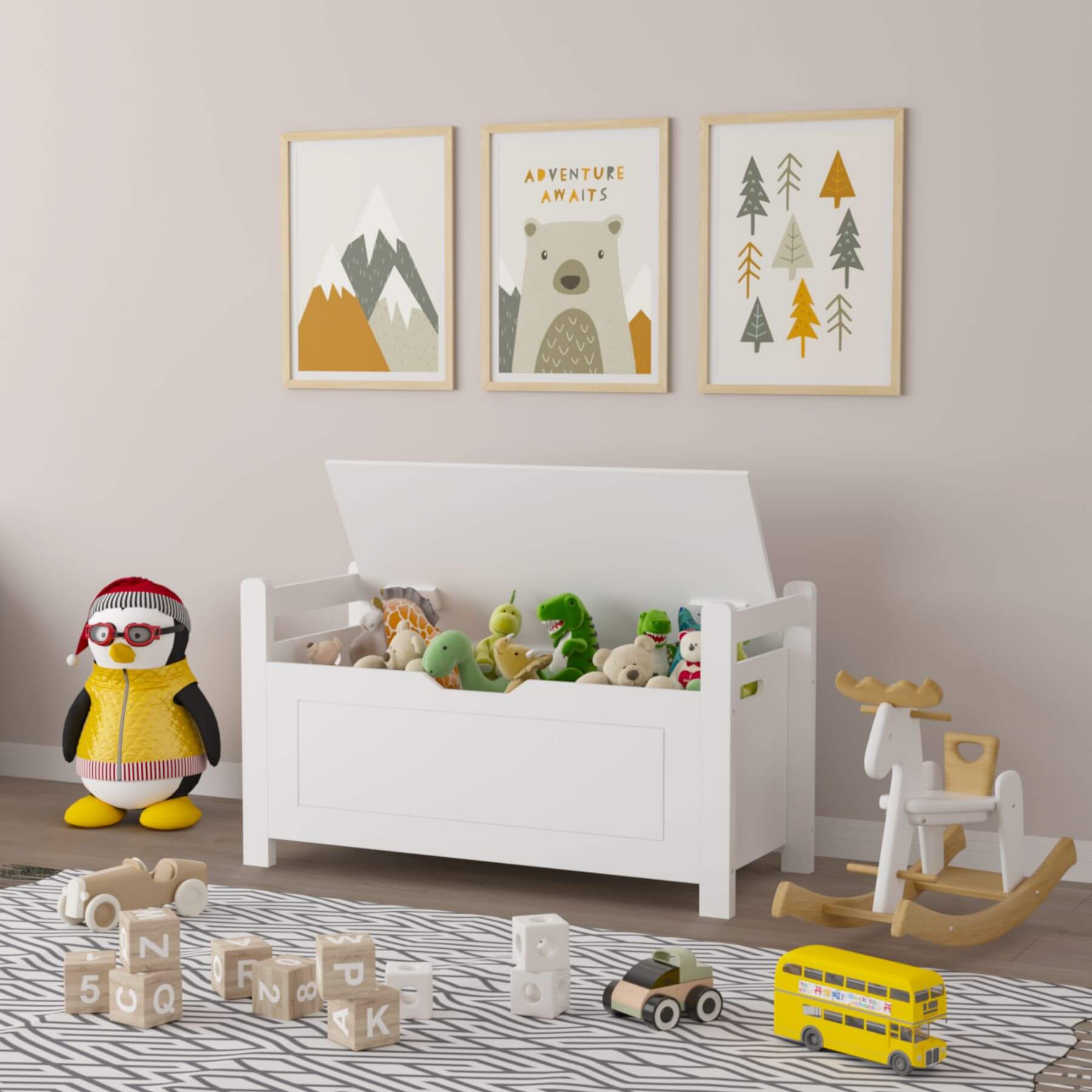 Children's room with MOONRIVER Kids Toy Box Chest - White stuffed animals, and toys on a striped rug.