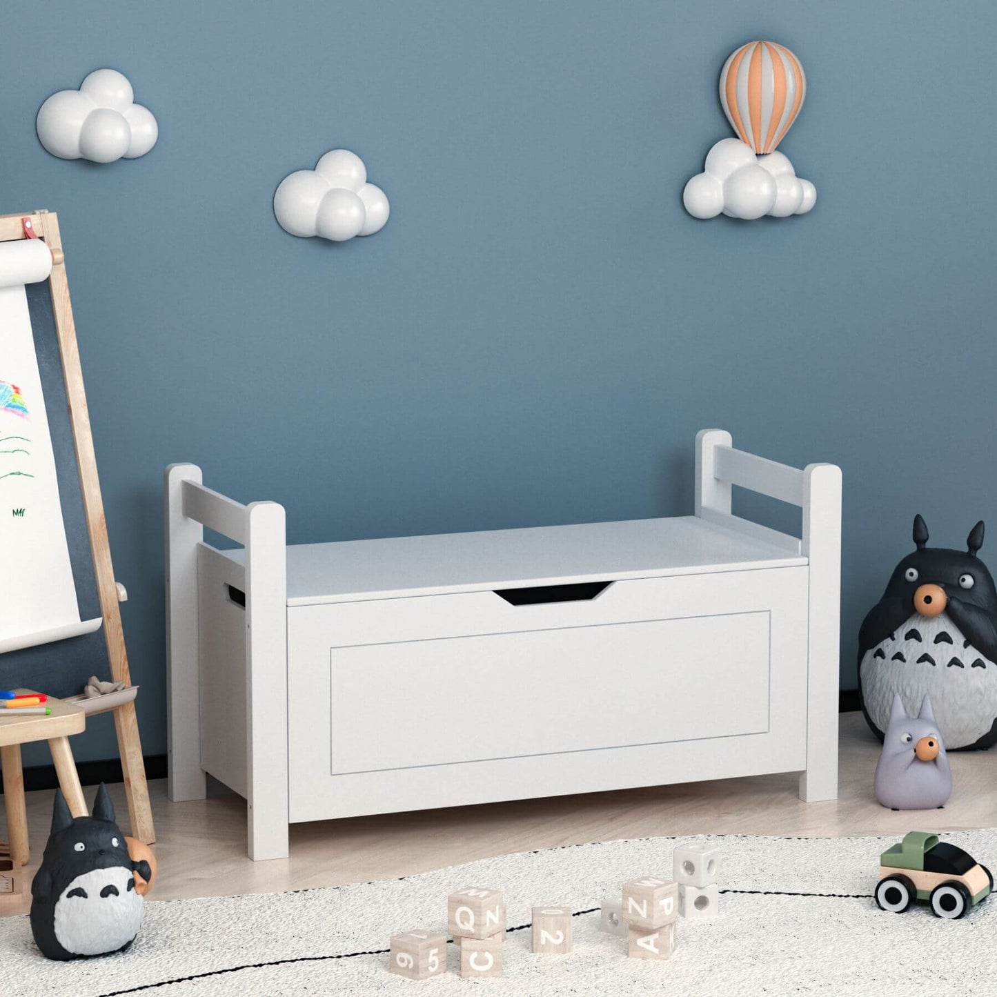 MOONRIVER Kids Toy Box Chest - White in a child's room with toys and decor.