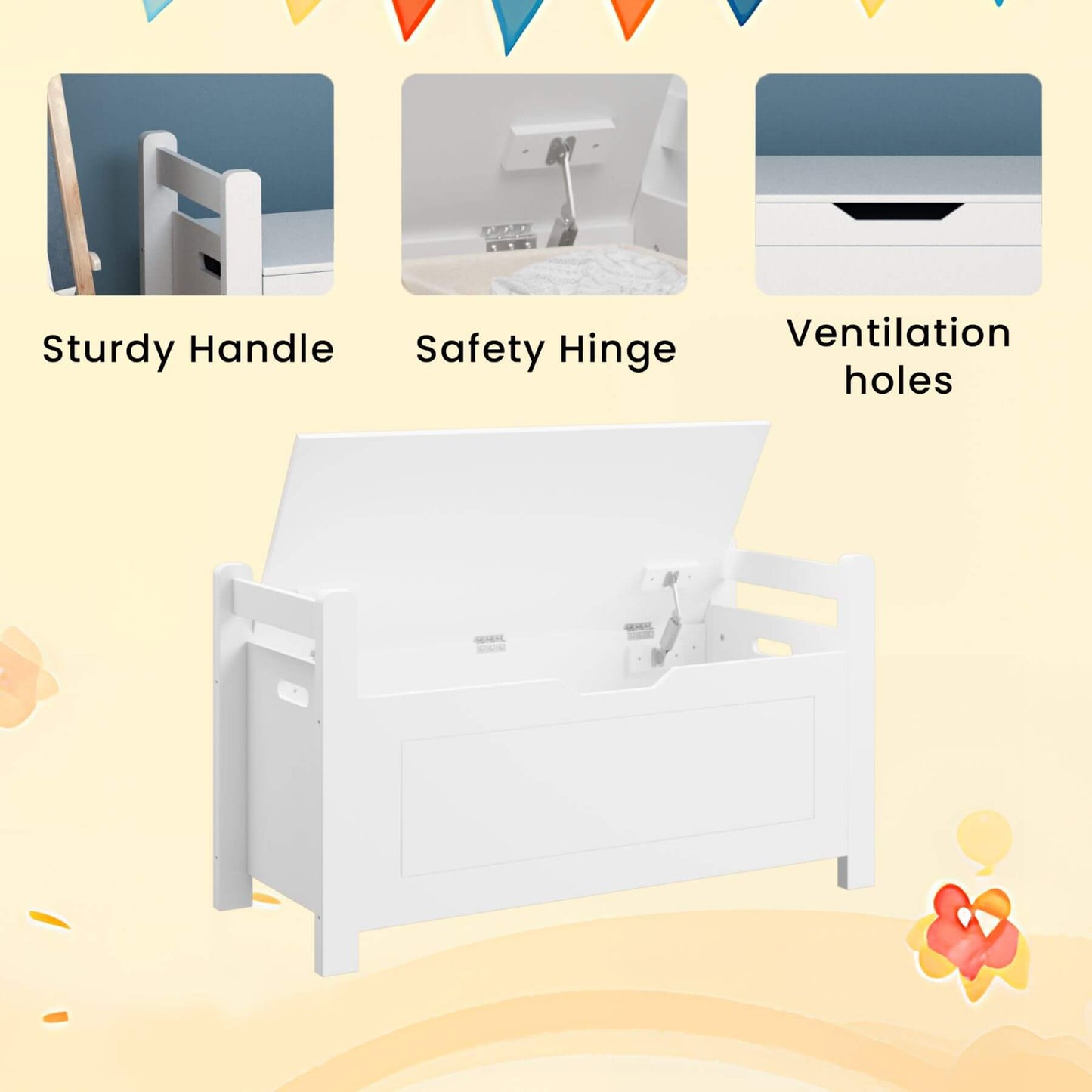 MOONRIVER Kids Toy Box Chest - White with features labeled as 'Sturdy Handle', 'Safety Hinge', and 'Ventilation holes' on a colorful background.