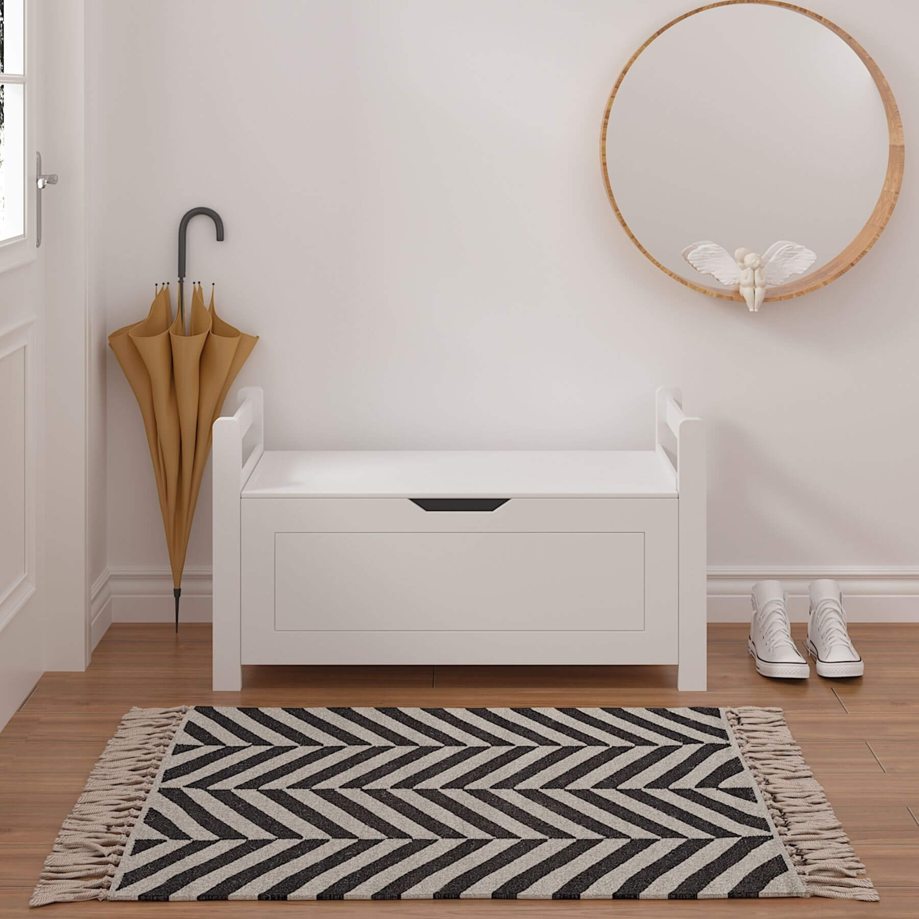 MOONRIVER Kids Toy Box Chest - White with a black and white chevron rug in a room.