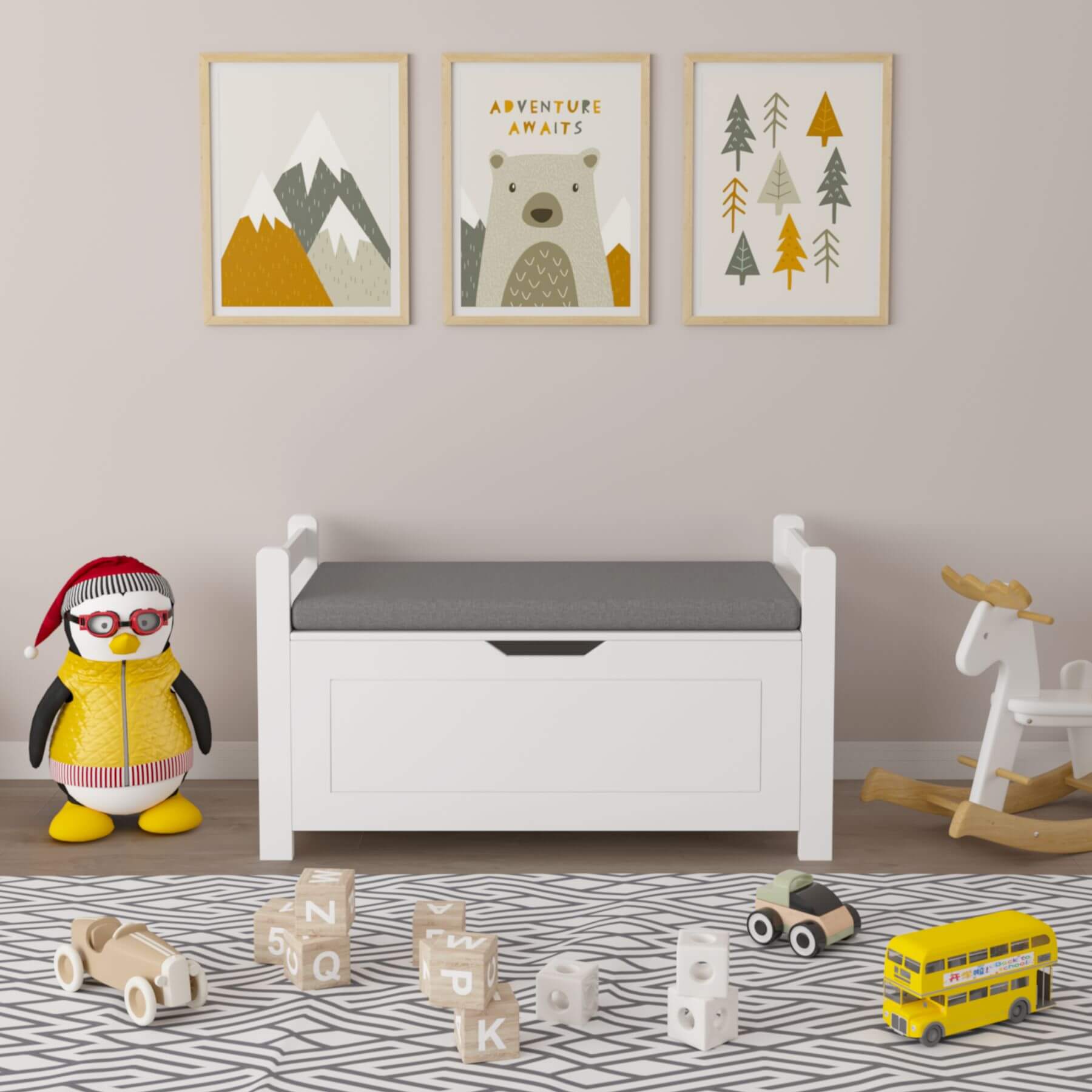 Children's room with MOONRIVER Kids Toy Box Chest, penguin toy, and various toys on a patterned rug.