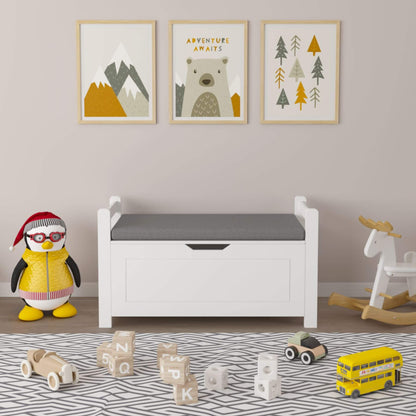 Children's room with MOONRIVER Kids Toy Box Chest, penguin toy, and various toys on a patterned rug.