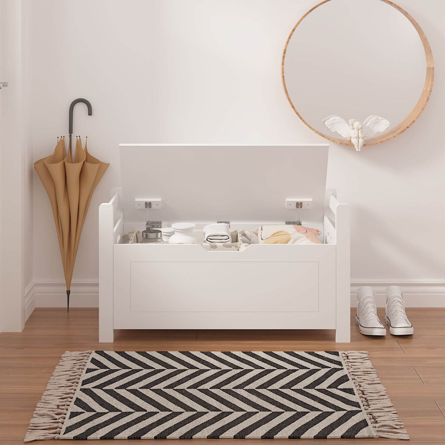 MOONRIVER Kids Toy Box Chest with open lid in a room with a chevron pattern rug, shoes, and an umbrella.