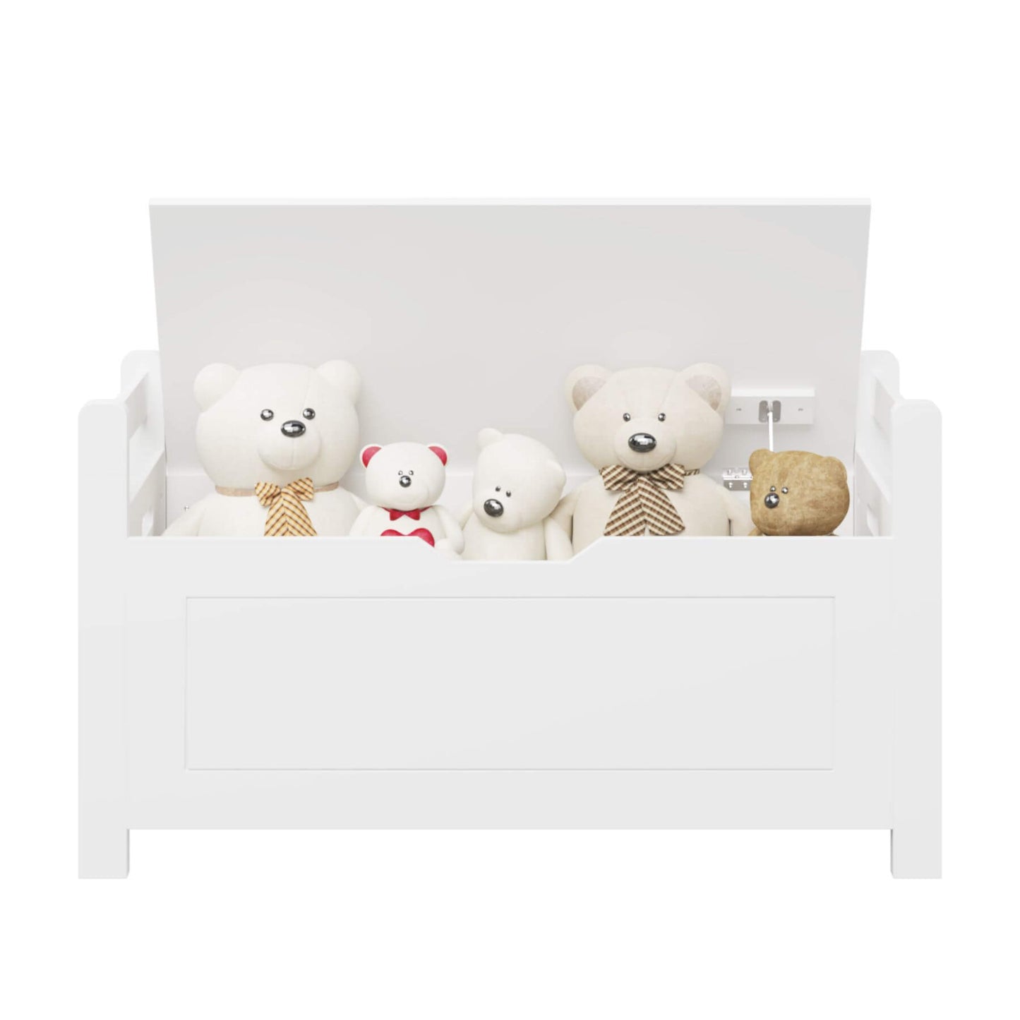 MOONRIVER Kids Toy Box Chest with stuffed animals including bears and a monkey on a white background