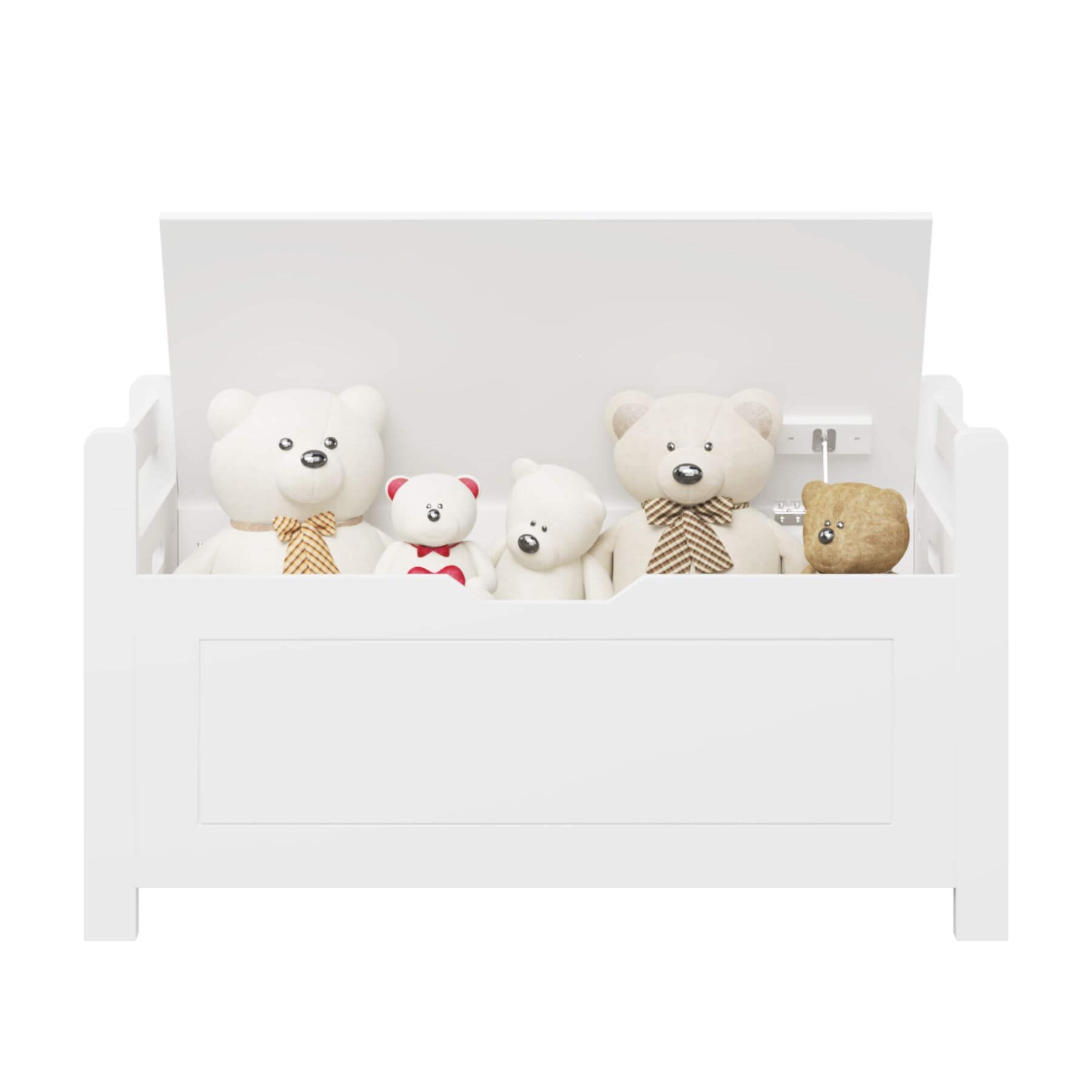 MOONRIVER Kids Toy Box Chest with stuffed animals including bears and a monkey on a white background
