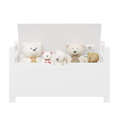MOONRIVER Kids Toy Box Chest with stuffed animals including bears and a monkey on a white background
