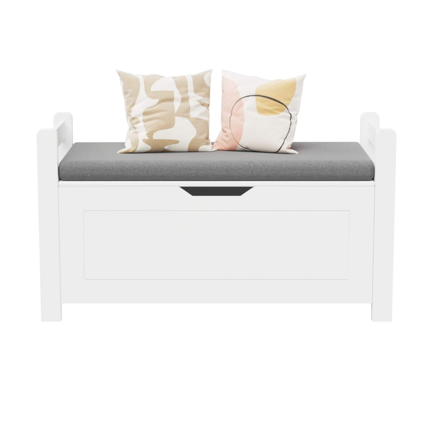 MOONRIVER Kids Toy Box Chest with gray cushion and decorative pillows on a white background
