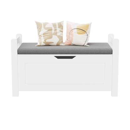 MOONRIVER Kids Toy Box Chest with gray cushion and decorative pillows on a white background