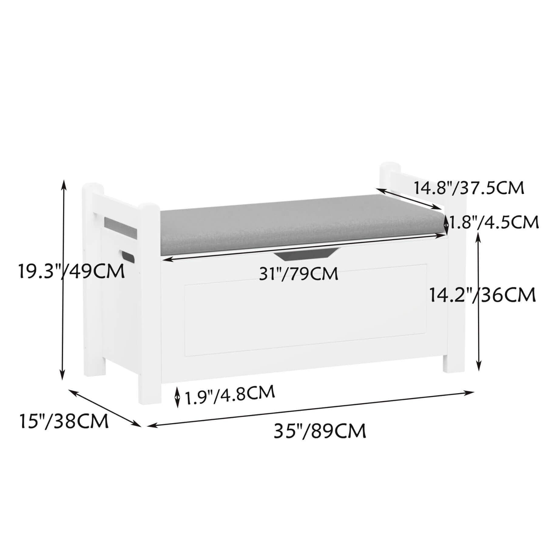 Measurement chart of MOONRIVER Kids Toy Box Chest with gray cushion on a white background