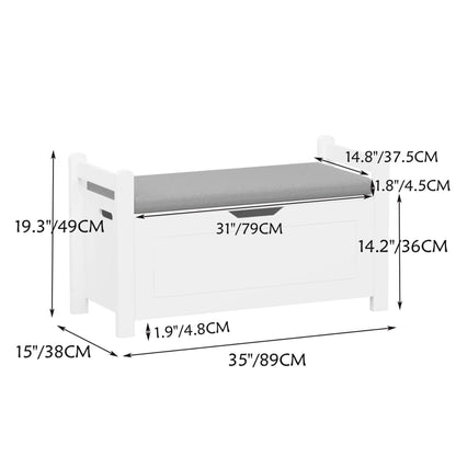 Measurement chart of MOONRIVER Kids Toy Box Chest with gray cushion on a white background