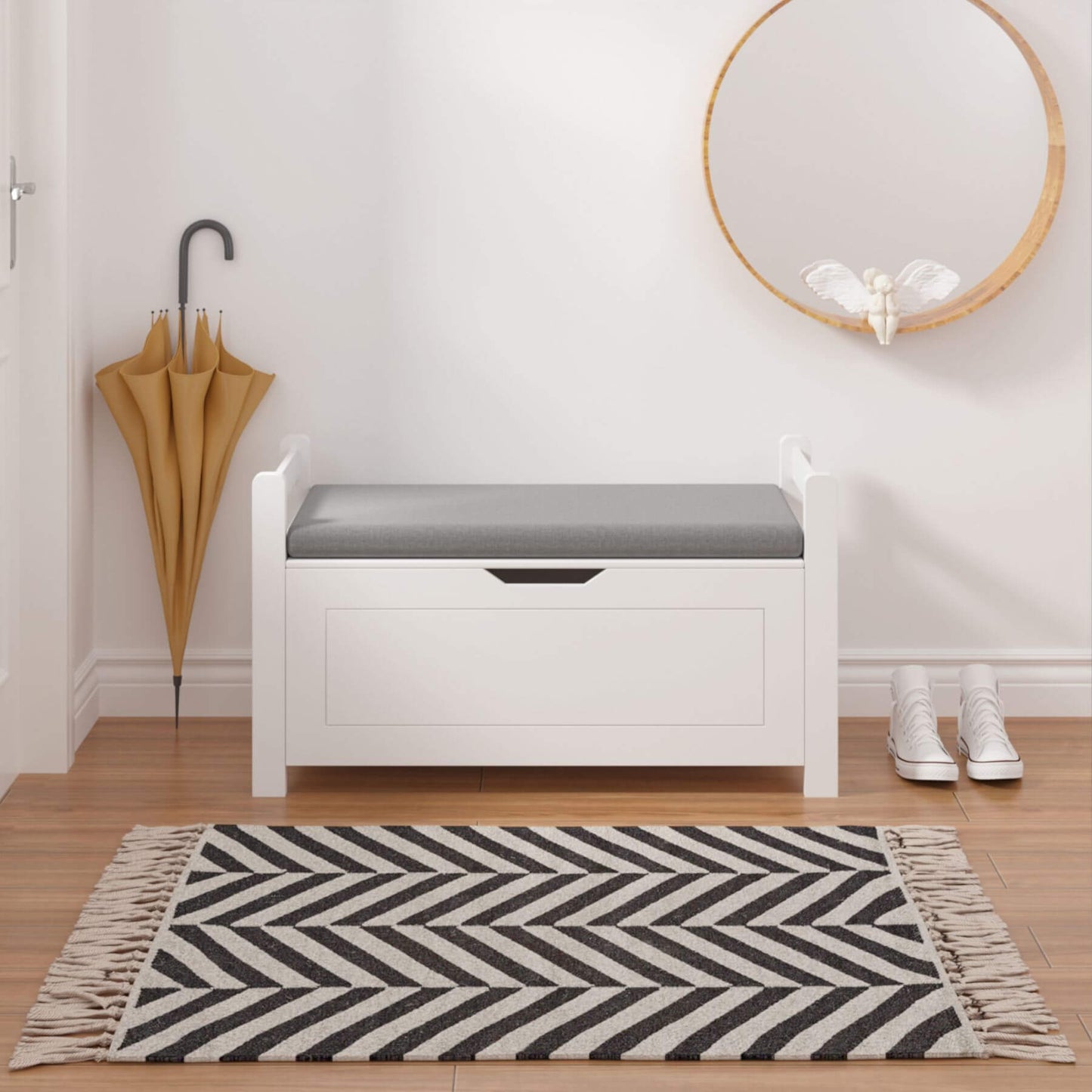MOONRIVER Kids Toy Box Chest with gray cushion in a room with a black and white zigzag rug, wooden floor, and white walls.