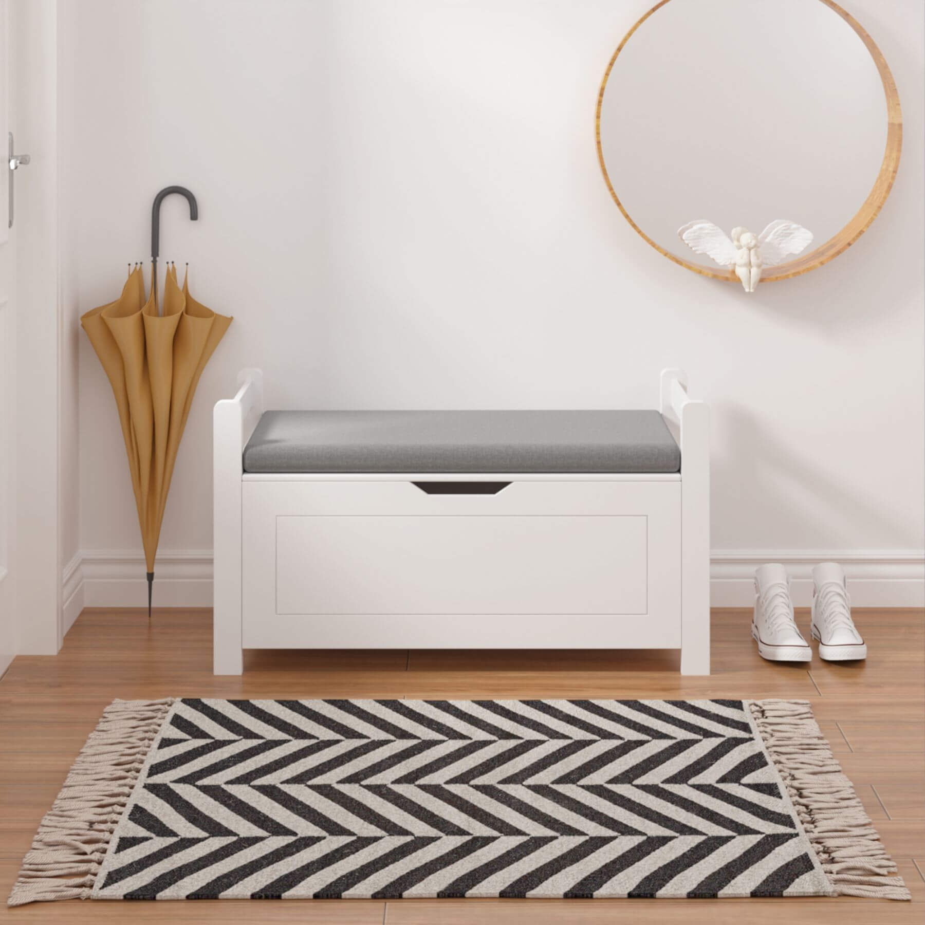 MOONRIVER Kids Toy Box Chest with gray cushion in a room with a black and white zigzag rug, wooden floor, and white walls.