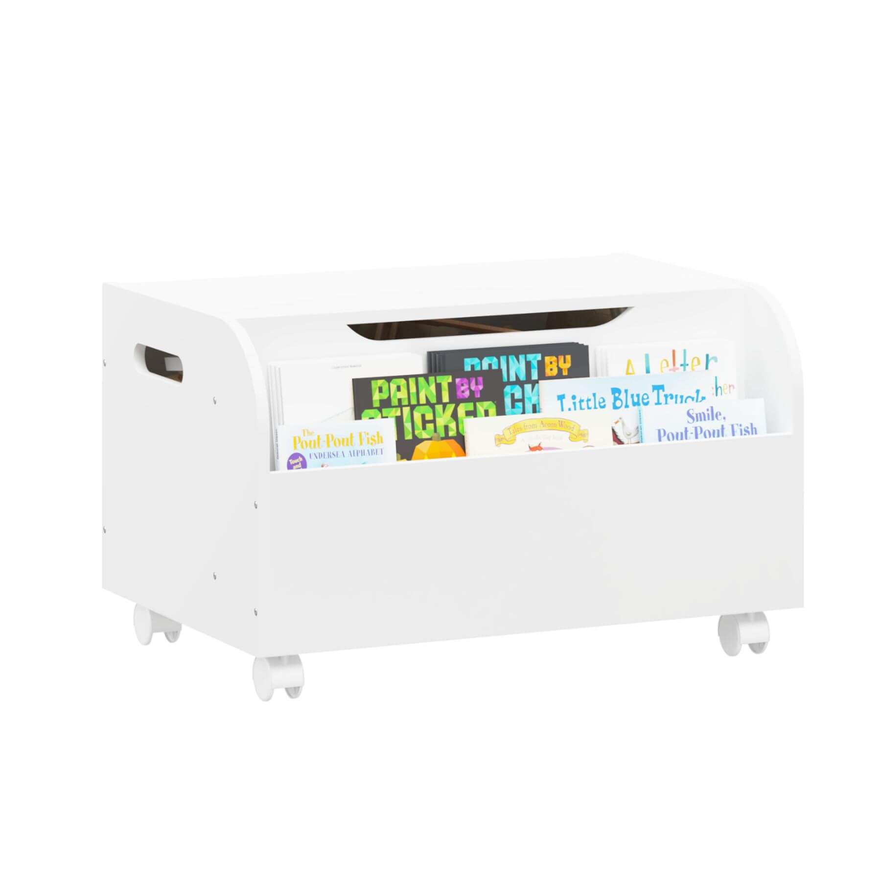 MOONRIVER Wooden Toy Box with 4 Universal Wheels - White with books