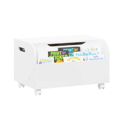 MOONRIVER Wooden Toy Box with 4 Universal Wheels - White with books