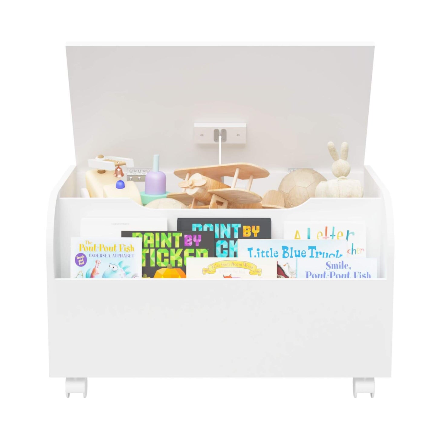 White toy box with children's books and toys on a white background