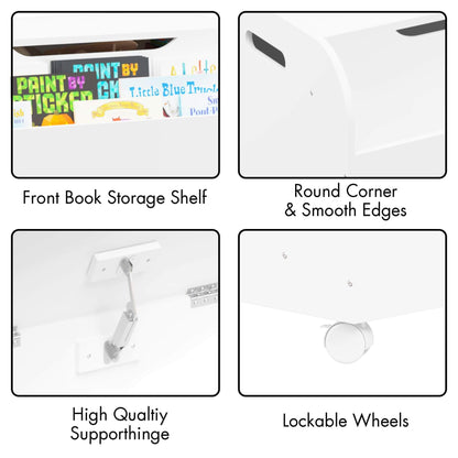Product features including front book storage shelf, round corners, smooth edges, high-quality supportings, and lockable wheels.