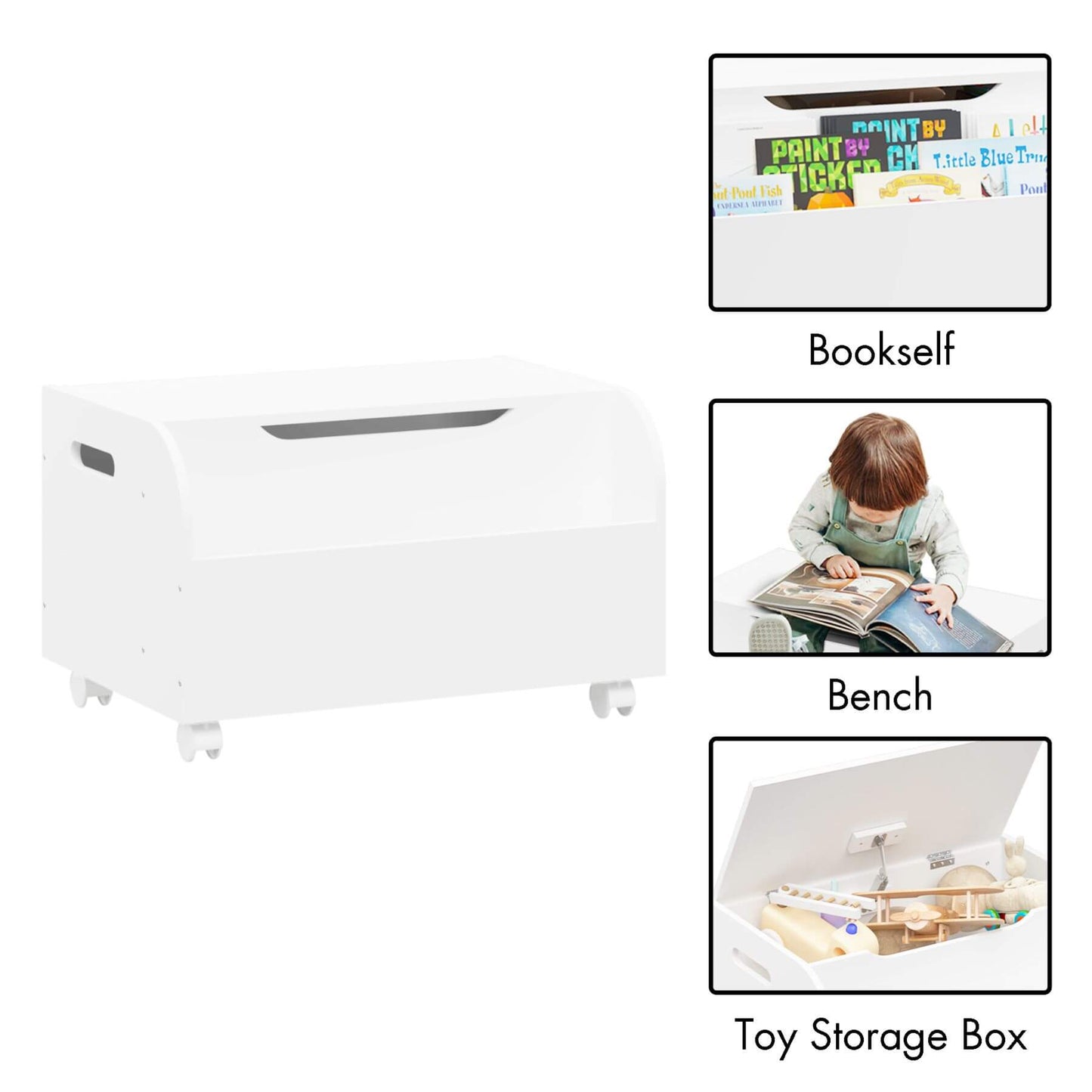 White toy storage unit with bookshelf, bench, and toy storage box compartments.