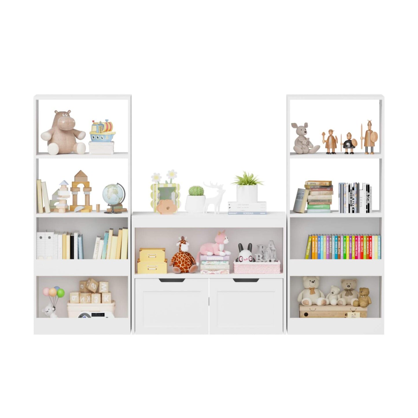 White bookshelf with toys and books on a white background