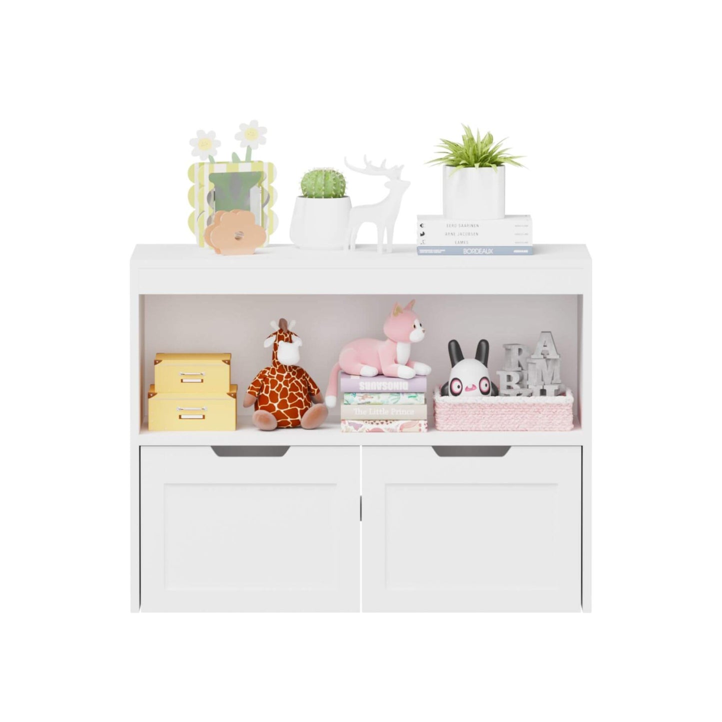 MOONRIVER White Book Organizer with toys and decorative items on a white background