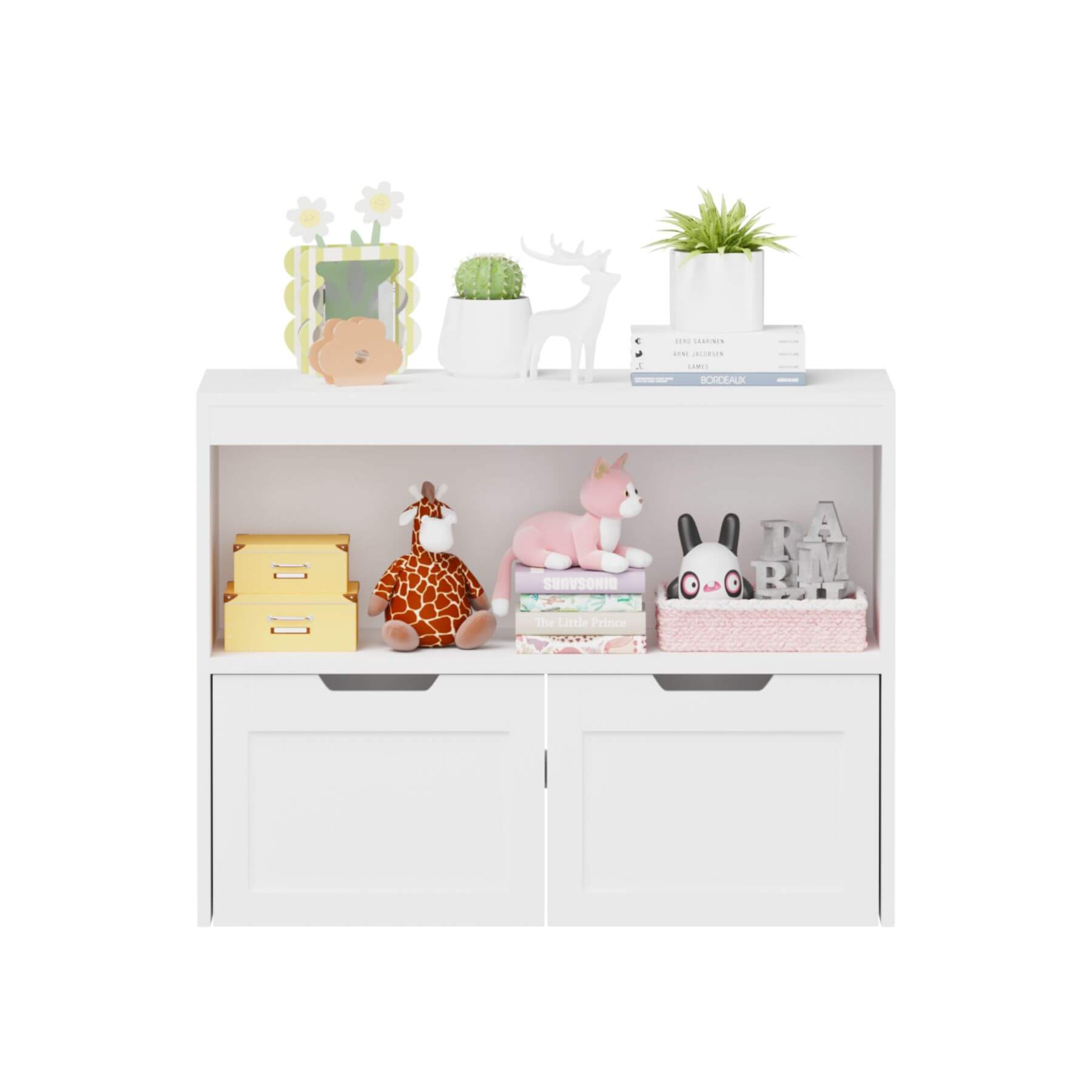 MOONRIVER White Book Organizer with toys and decorative items on a white background