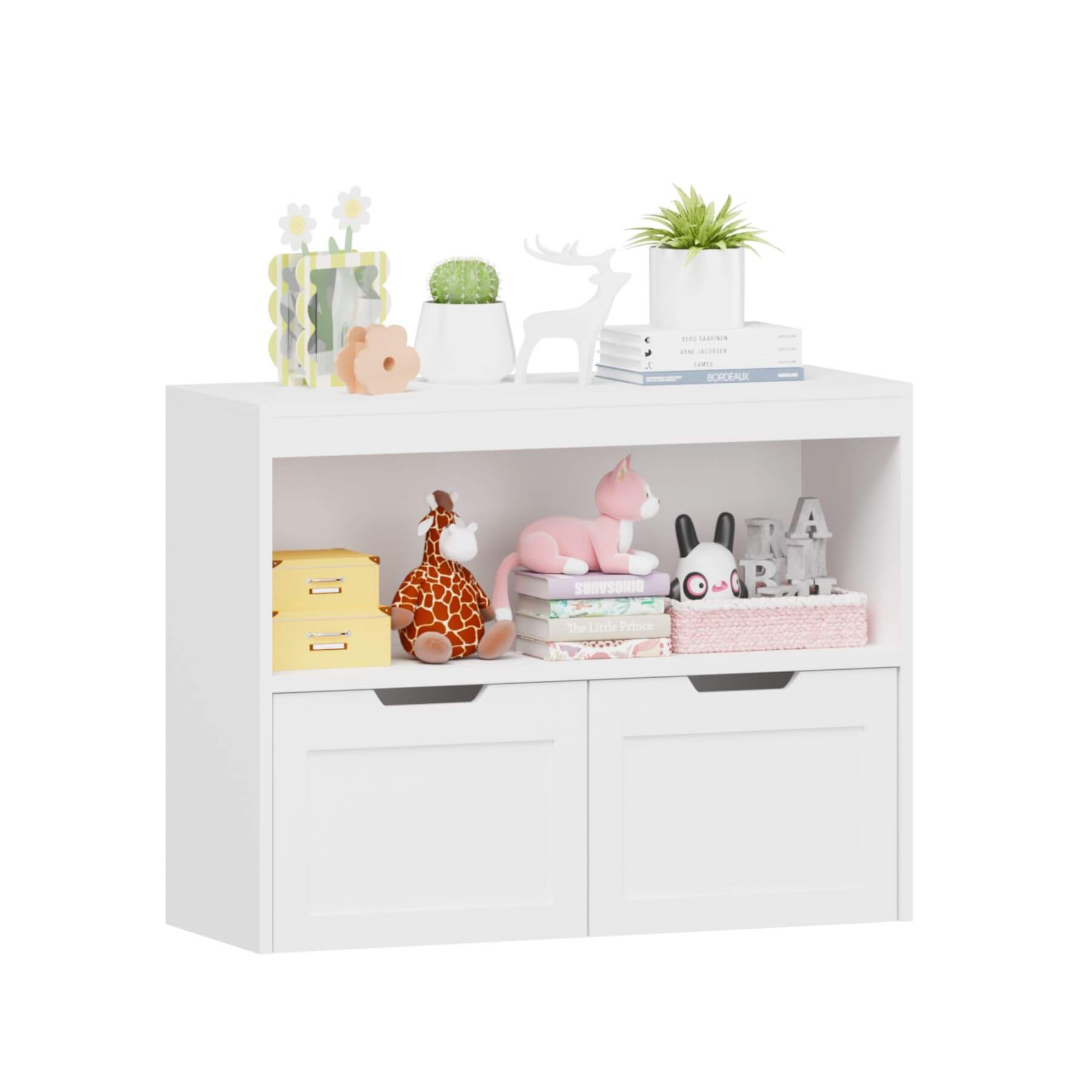 MOONRIVER White Book Organizer with toys and decorative items on a white background