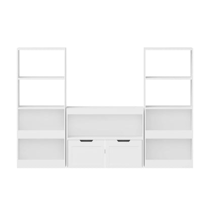 White storage unit with shelves and a drawer on a white background