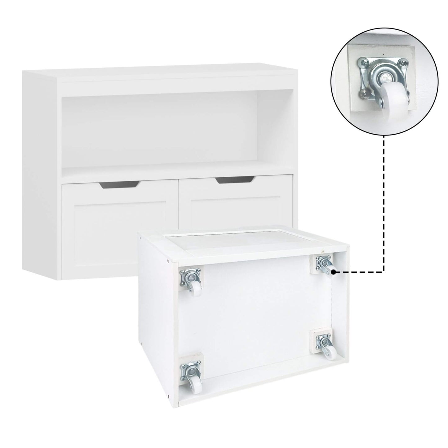 White wall-mounted cabinet with drawers and a close-up of the mounting bracket.