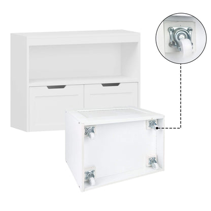 White wall-mounted cabinet with drawers and a close-up of the mounting bracket.