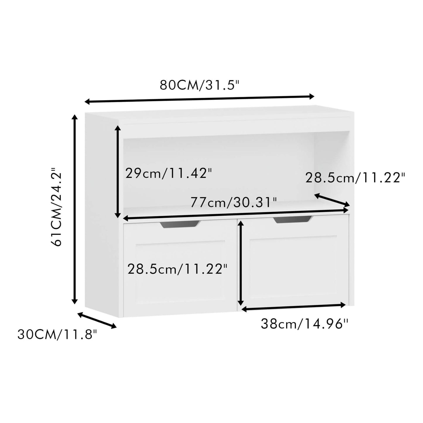 Dimensions of MOONRIVER White Book Organizer with measurements in centimeters and inches.