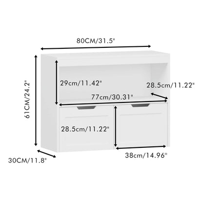 Dimensions of MOONRIVER White Book Organizer with measurements in centimeters and inches.