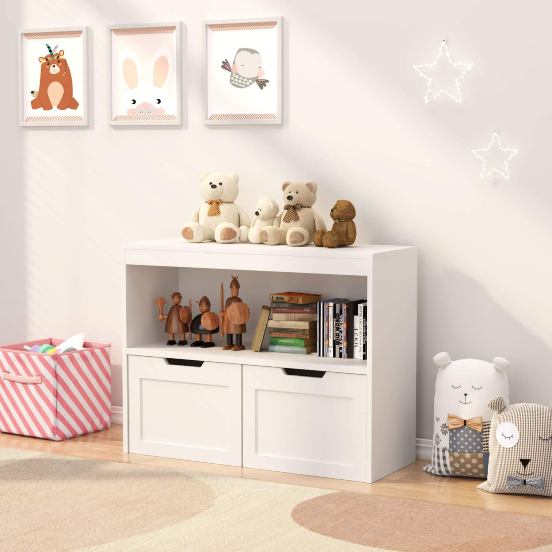 Children's room with MOONRIVER White Book Organizer, teddy bears, and framed animal prints on the wall.