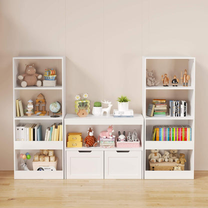 White bookshelf with various items against a beige wall