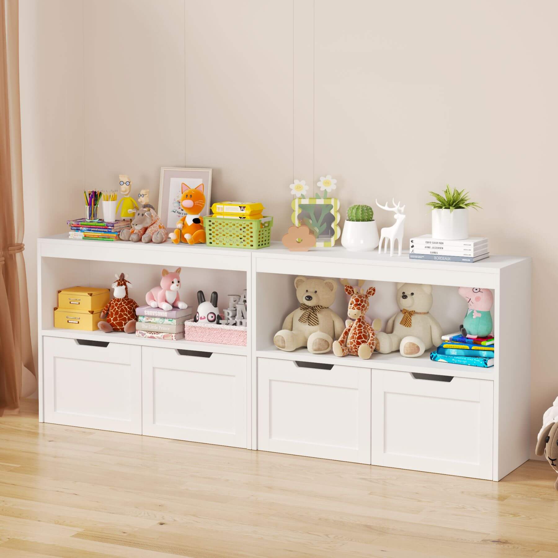 2 MOONRIVER White Book Organizer with toys and decorative items in a room.