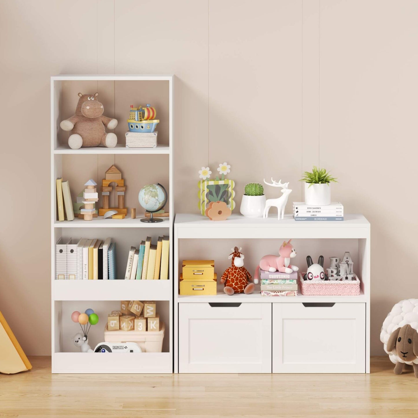 White bookshelf with various decorative items against a beige wall.
