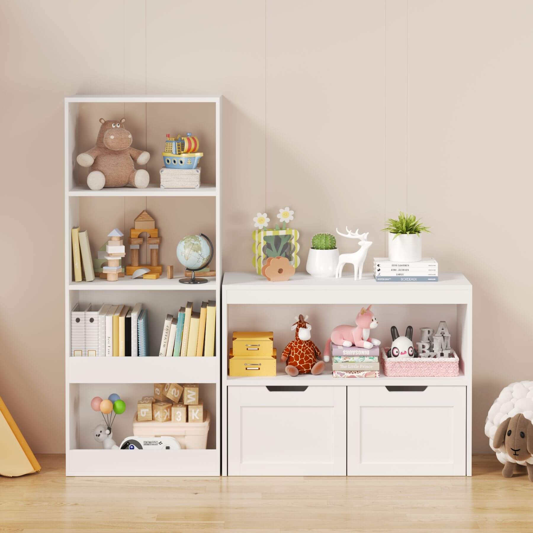 White bookshelf with various decorative items against a beige wall.
