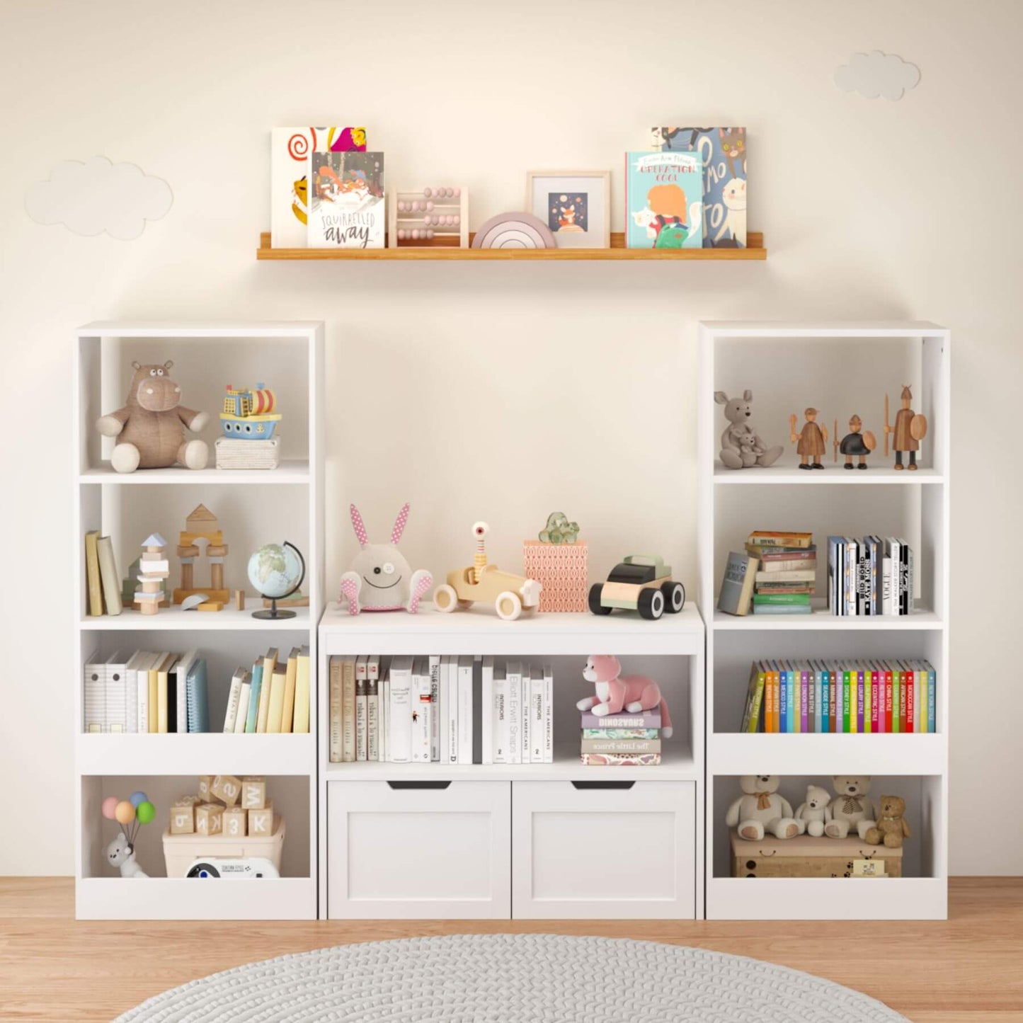 White bookshelf with toys and books in a room setting