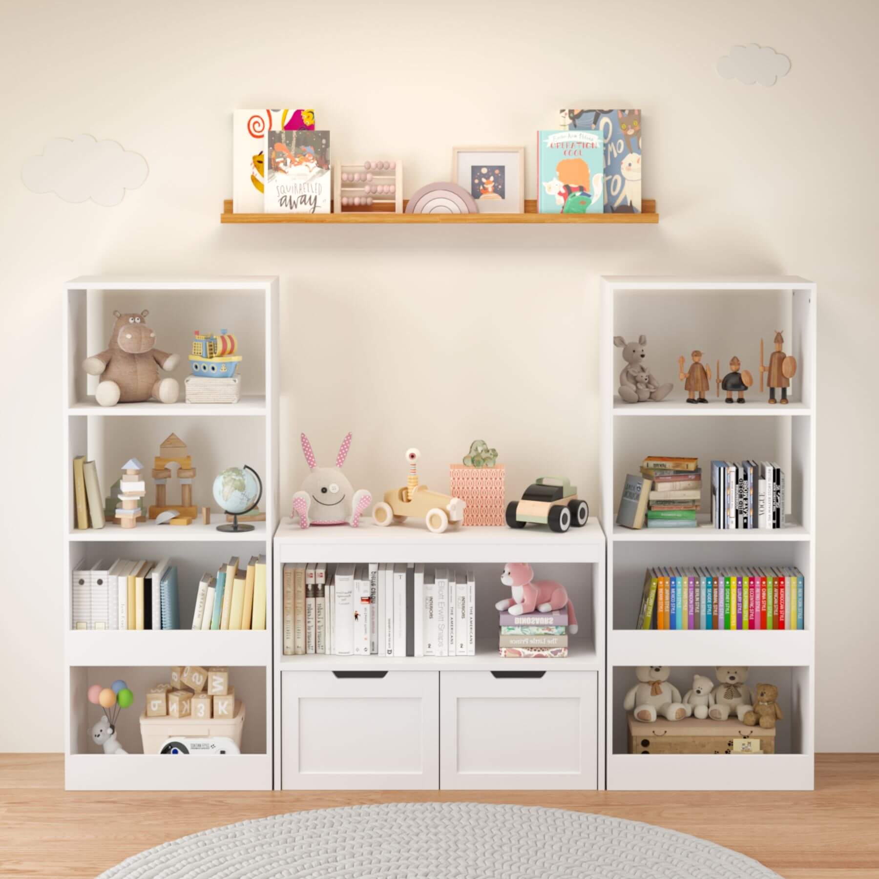 White bookshelf with toys and books in a room setting