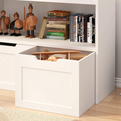 White storage unit with open drawer, books, and decorative items on a shelf.