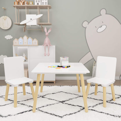 MOONRIVER Wooden Kids Table and 2 Chairs Set - White in a room with decorative elements and a bear mural.