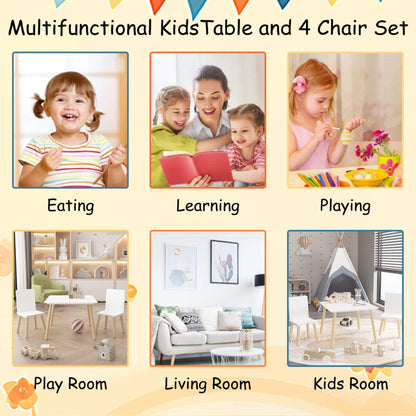 Multifunctional kids table and chair set with various usage scenarios on a yellow background.