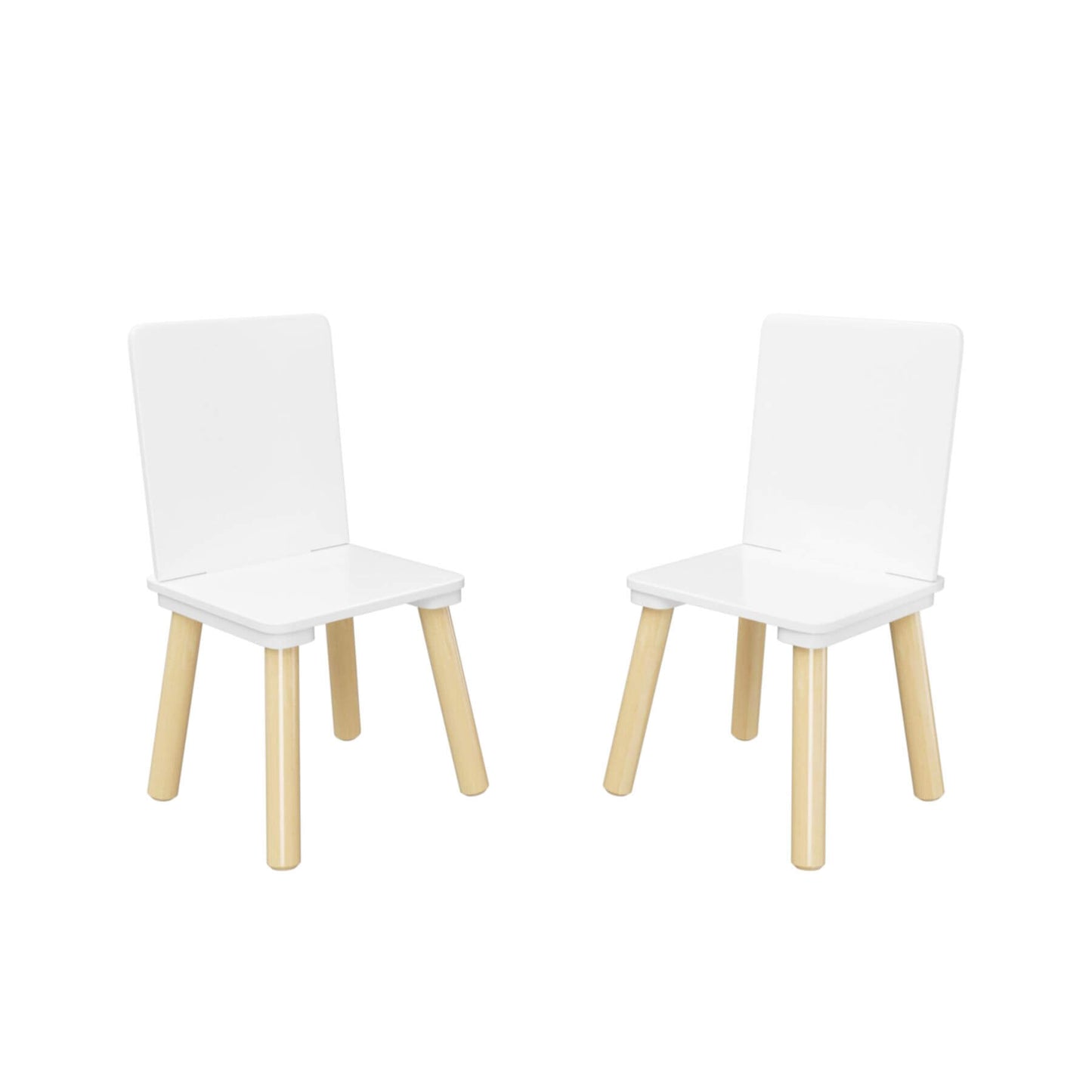 Two white chairs with wooden legs on a white background