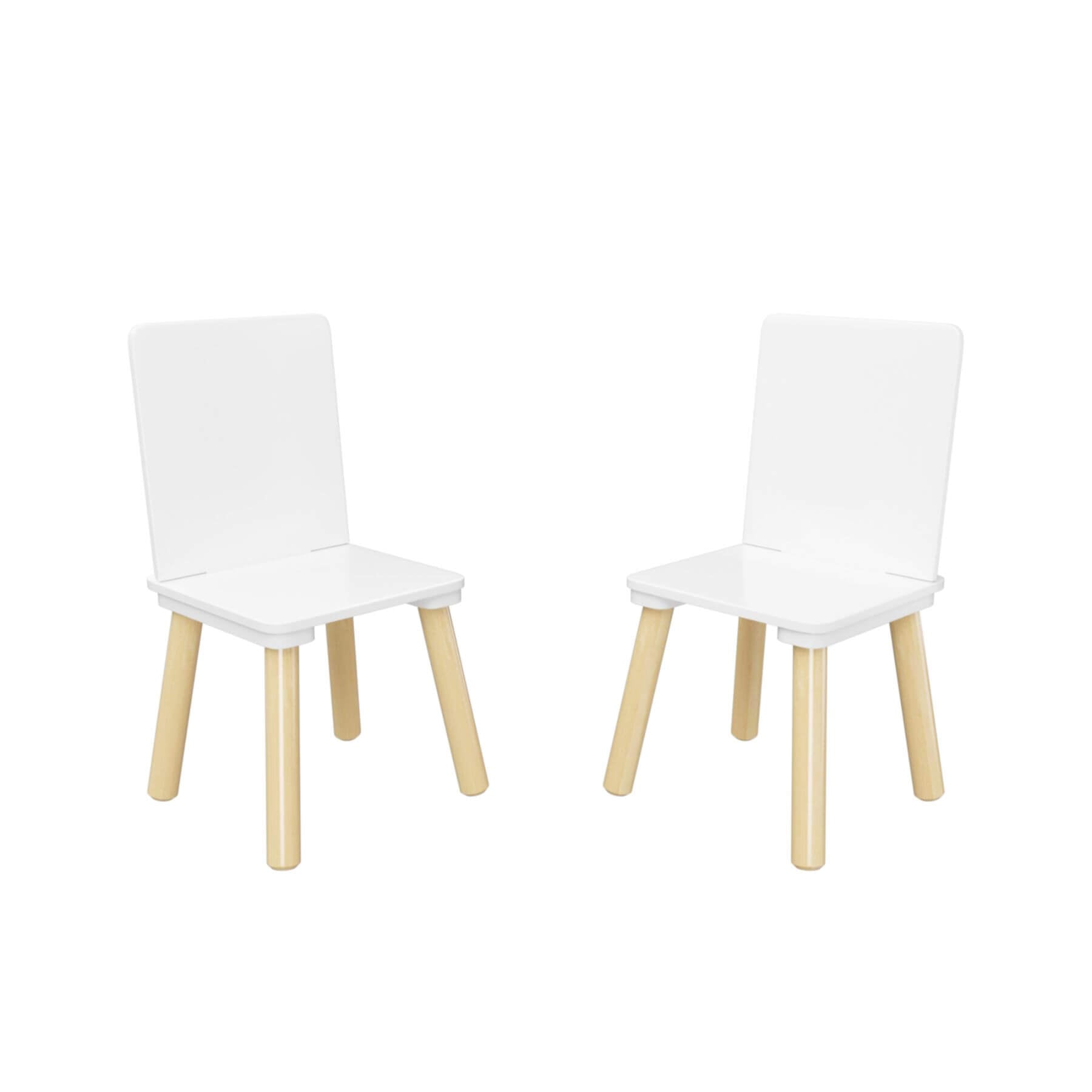 Two white chairs with wooden legs on a white background