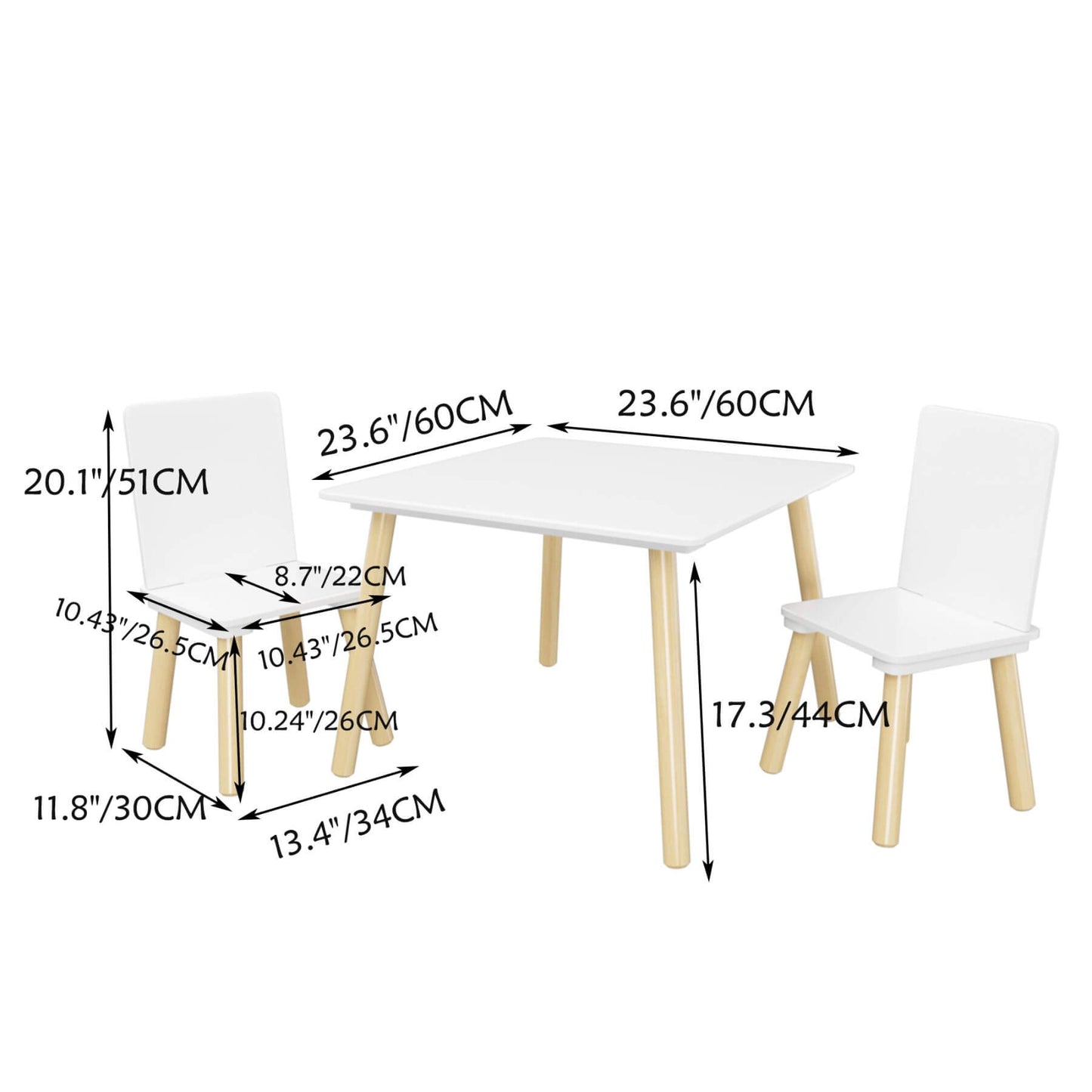 MOONRIVER Wooden Kids Table and 2 Chairs Set - White with dimensions labeled on a white background