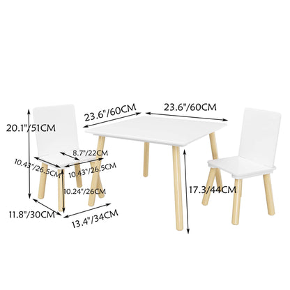 MOONRIVER Wooden Kids Table and 2 Chairs Set - White with dimensions labeled on a white background