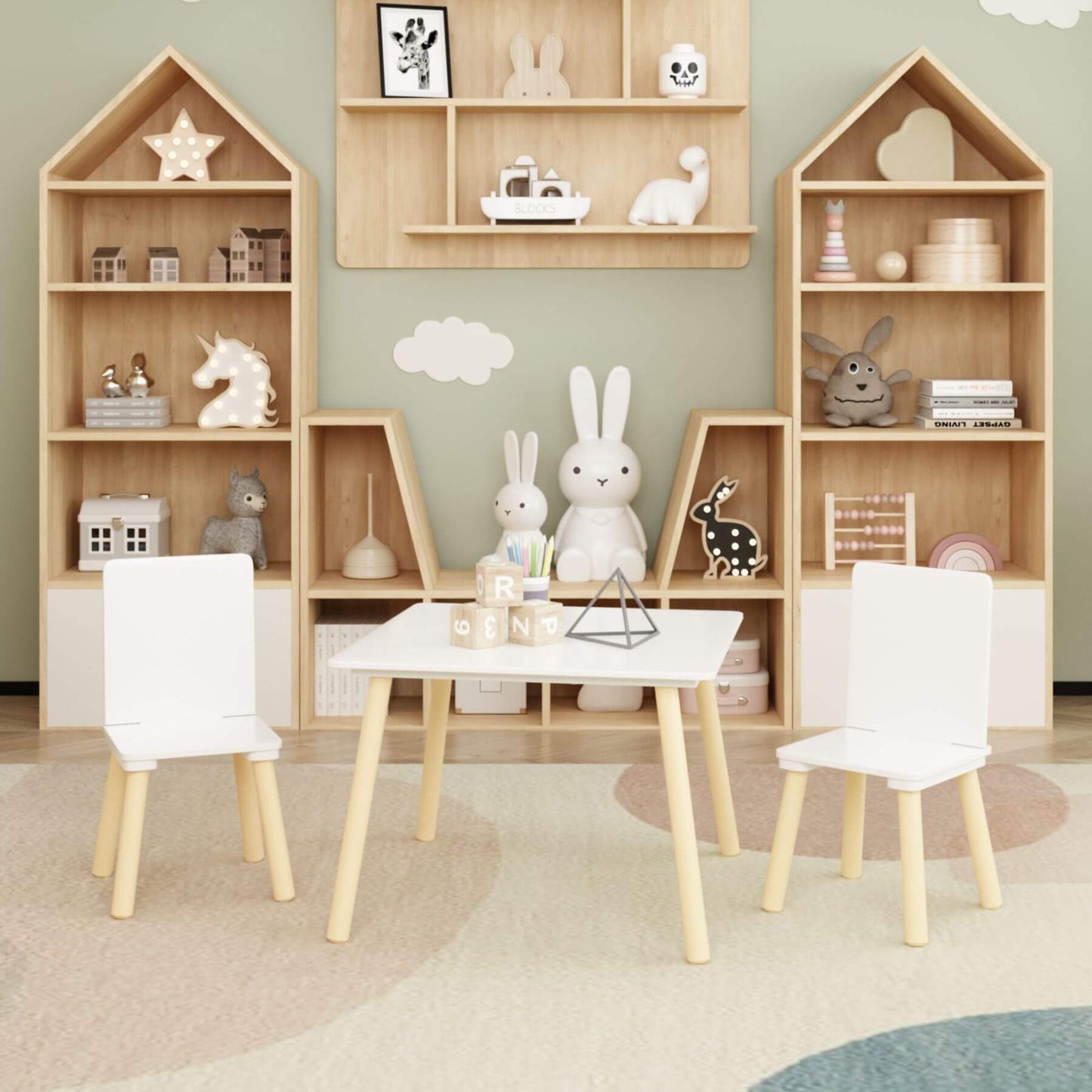 Children's playroom with wooden bookshelves, MOONRIVER Wooden Kids Table and 2 Chairs Set - White.