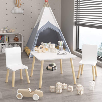 Children's playroom with a teepee, MOONRIVER Wooden Kids Table and 2 Chairs Set - White, and toys on a wooden floor.