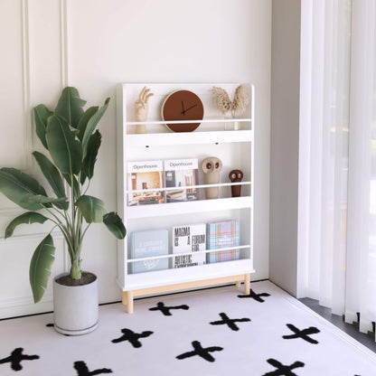 White bookshelf with decorative items in a room with a plant and patterned rug.