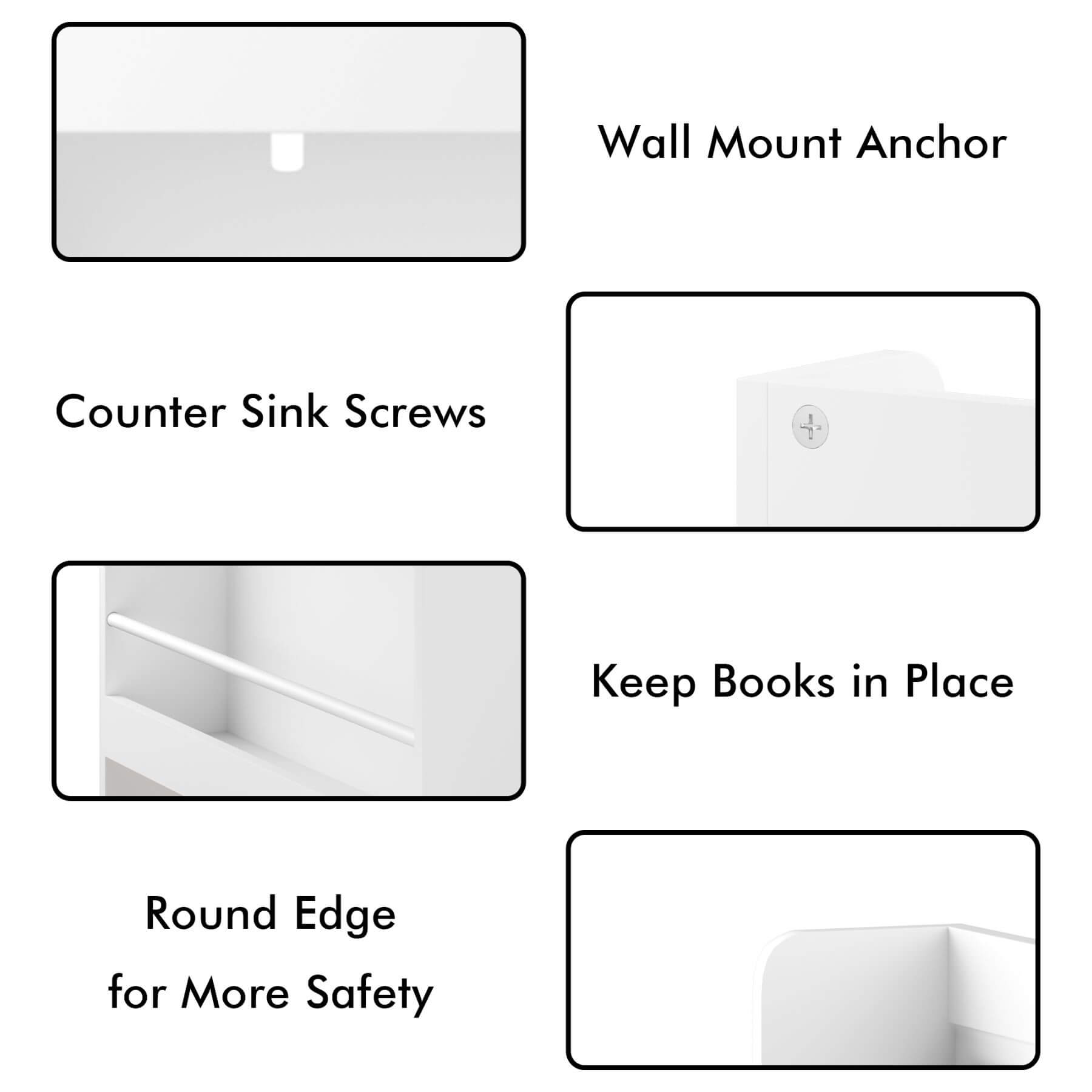 Product features with labels including wall mount anchor, counter sink screws, and round edge for safety.