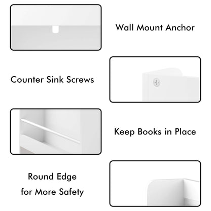 Product features with labels including wall mount anchor, counter sink screws, and round edge for safety.