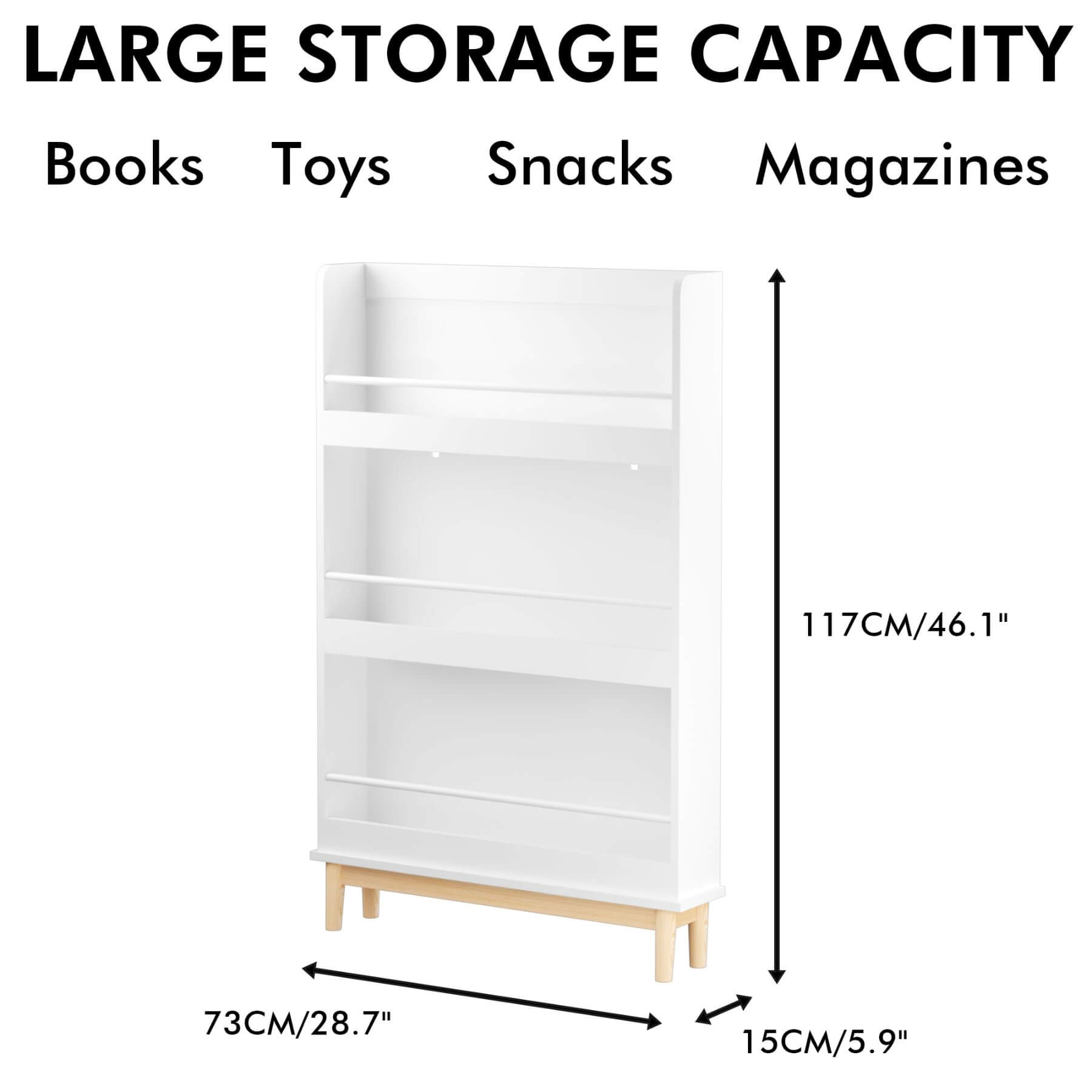 White bookshelf with dimensions labeled, suitable for books, toys, snacks, and magazines.